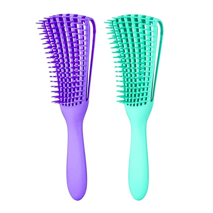 Smooth Detangling Brush for Women’s Afro American African 3a to 4c Kinky Wavy Curly Coily Hair – Knots Detangler and Scalp Massage Comb for Wet Dry Oil Thick Long Hair 2 pcs Purple-Green Unique