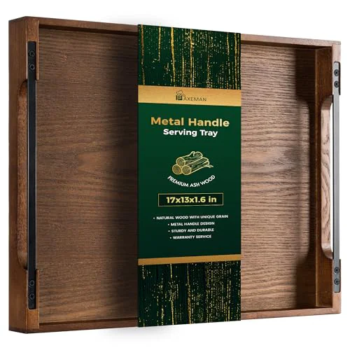 Powerful Wooden Serving Tray with Metal Handles Refined