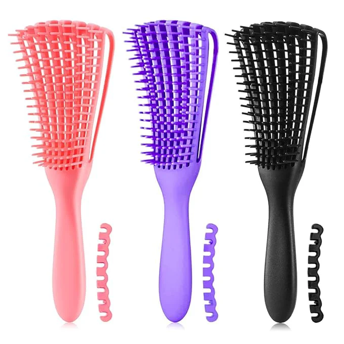 Premium Material Detangling Brush for Afro American African Textured 3a to 4c Kinky Wavy Curly Coily Hair – Scalp Massaging Knot Remover Comb for Women’s Wet Dry Oily Thick or Long Hair 3 pcs Purple-B-P Convenient