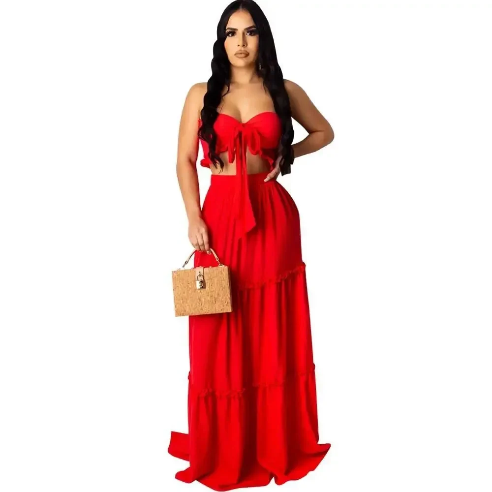 Outstanding Women Strapless Crop Top and Ruffled Maxi Skirt Two-Piece Bohemian Set Official