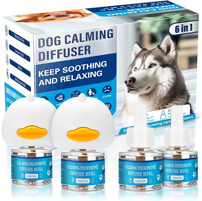 Superior Dog Calming Pheromones Diffuser 6 in 1 Kit Appeasing Pheromone Diffuser to Calm 2 Plug in 4 Pack 48ml Refill for Anxiety Relief Reduce Aggression Fighting Barking Stress 120 Day Supply Tasteless About This Reliable