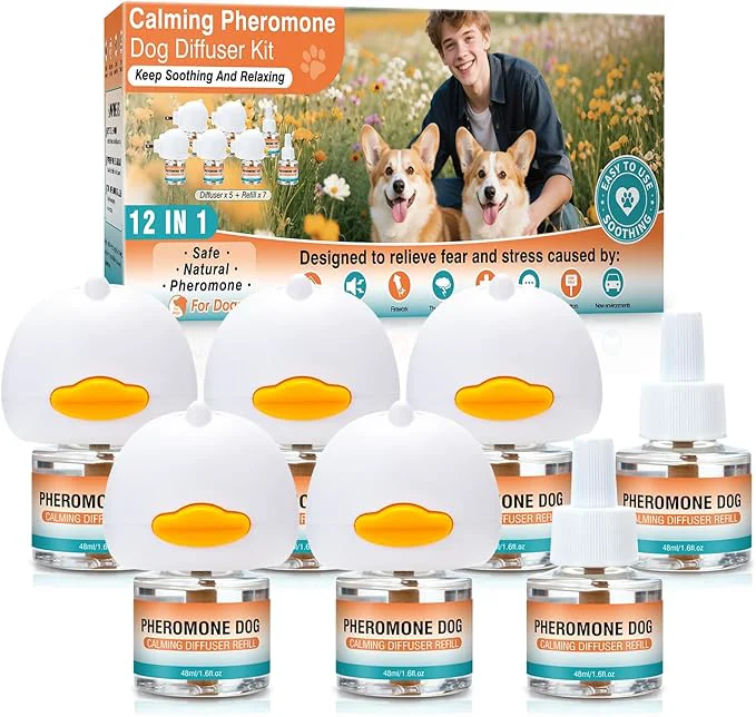 Soft Dog Calming Pheromones Diffuser to Calm Pet 12 in 1 Advanced Kit Appeasing Pheromone for Anxiety Relief 5 Plug in 7 Pack 48ml Refill Reduce Aggression Fighting Barking Stress Tasteless About This Quality