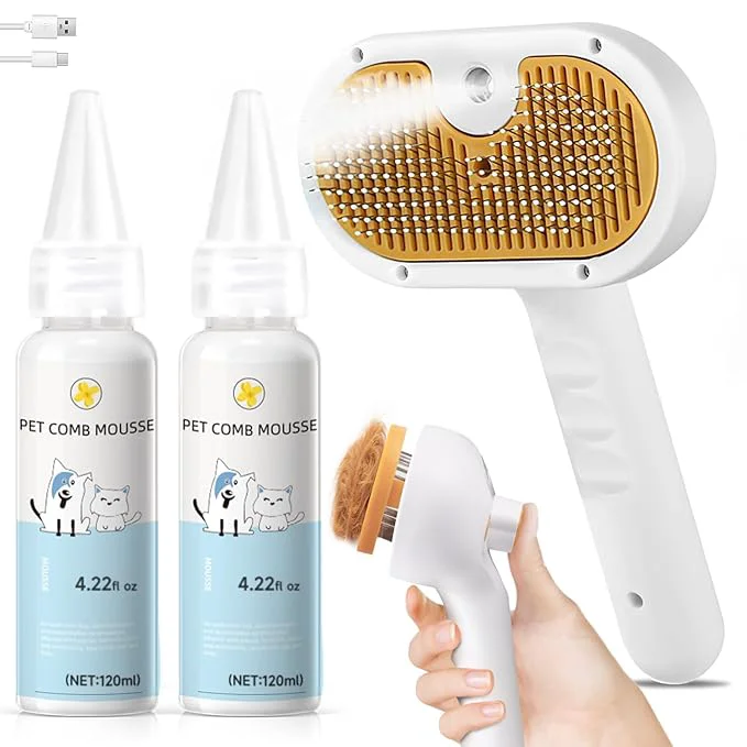 Elite Pet Steam Brush for Dog Cat – 3-in-1 Spray Hair Removal Comb – Steam for Shedding Grooming – Water Brush for Long Short Haired Pets – Spritz Defur Comb – Includes 2 Waterless Shampoo Original