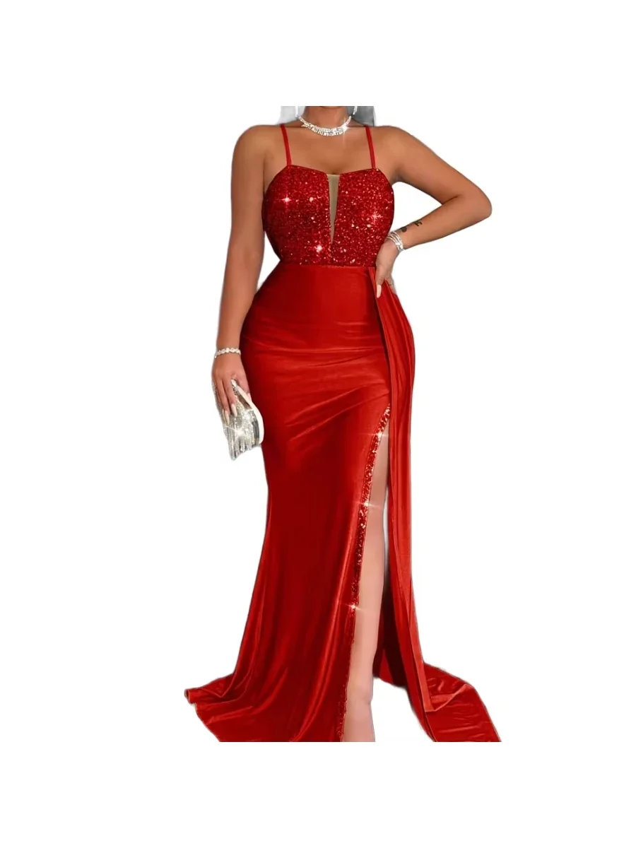 Fashionable Women’s Spaghetti Strap Cutout Sequin Mermaid Train Maxi Dress High-Quality