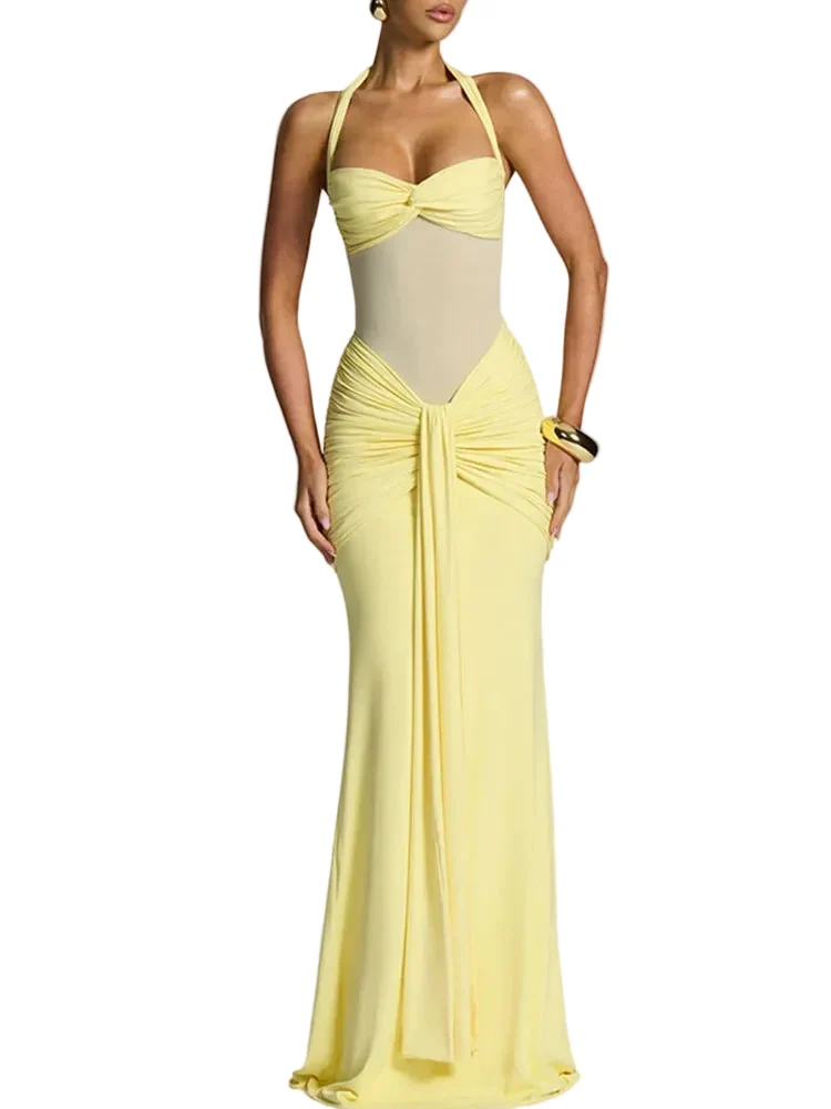 Efficient Women’s Sexy Mesh Patchwork Halter Ruched Maxi Dress First-Class