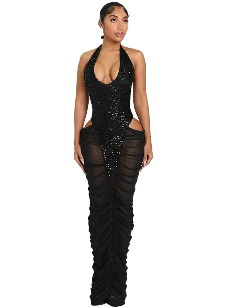 Lightweight Women’s Sexy Sequin Mesh Ruched Maxi Dress Trusted