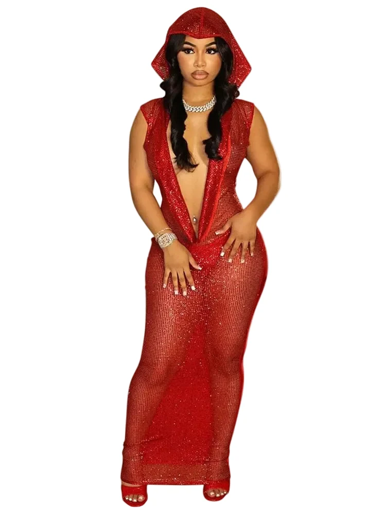 Premium Women’s Sexy Hooded Deep V Neck Sparkly Maxi Dress Healthy