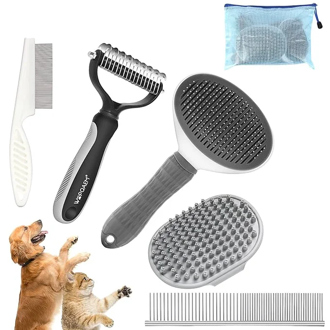 Fine Crafted Dog Brush Grooming Kit 5 PCS – Self Cleaning Slicker Brush for Shedding Short Long Haired Dogs Cats Includes Pet Comb Flea Comb Bath Brush Undercoat Rake – Complete Fur Care Set – Gray Breathable