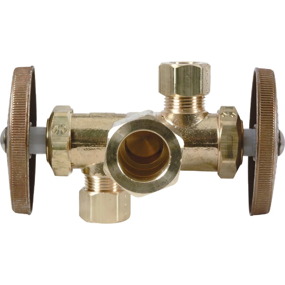 Proven BrassCraft 5 8 In. C X 3 8 In. OD X 1 4 In. OD Rough Brass Dual Outlet Valve Elegant