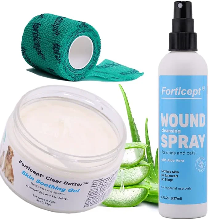 Fashionable Forticept Hot Spot Wound Care Kit Itch Relief Spray for Dogs and Cats 8 oz Promote Healing Wound Hydrogel 4 oz. Self-Adhesive Wrap First Aid for Dogs and CatsAbout This Crafted