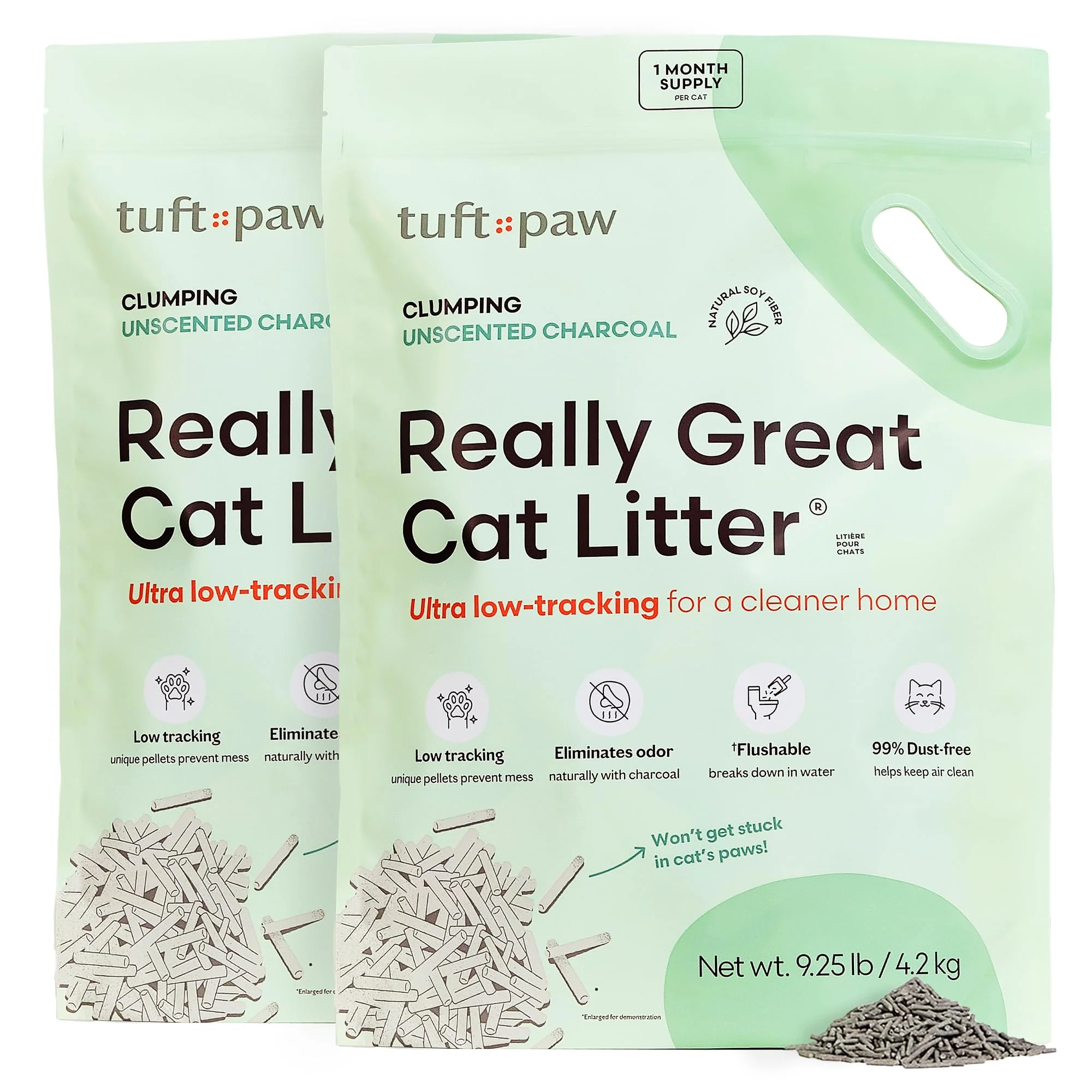 Clean Tuft Paw ly Great Cat Litter — Low-Tracking Tofu Clumping Flushable Unscented 9.25lbs x 2 Minimalist