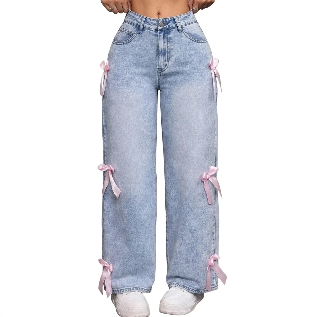 Elegant Women’s Bowknot Washed Denim Loose Wide Leg Jeans First-Class