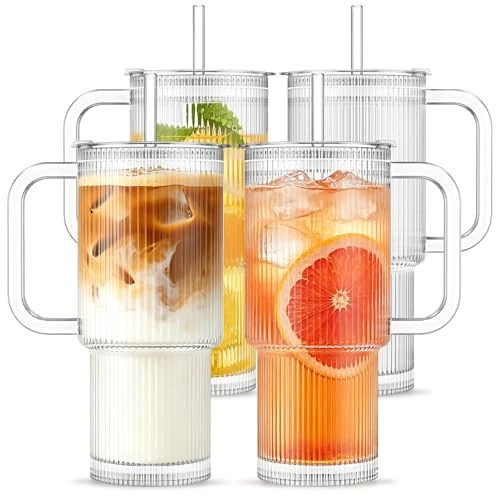 Fine Crafted 24 oz Ribbed Glass Tumbler with Handle Lid Top-Quality