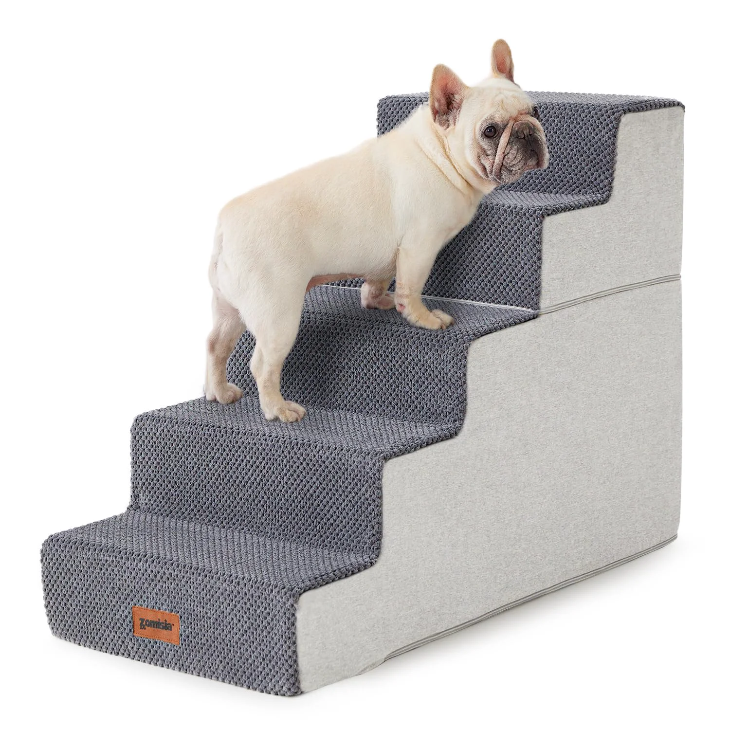 Unique ZOMISIA 5-Step Dog Steps for High Beds — Foam Pet Stairs with Non-Slip Bottom Grey Enhanced