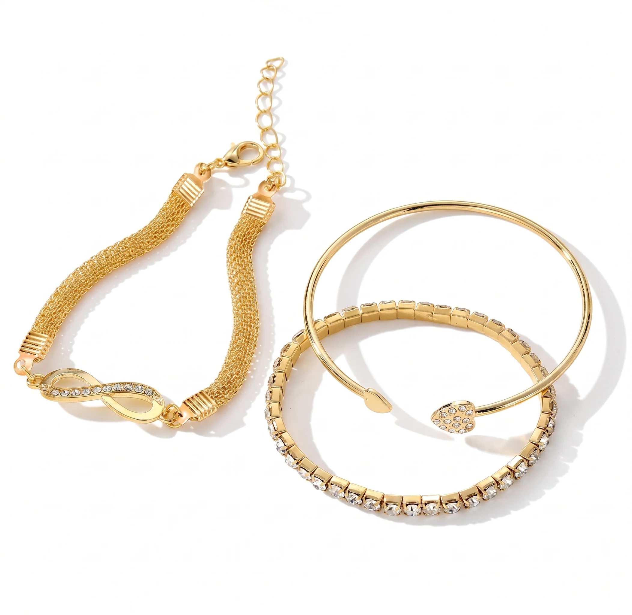 Women’s Fashion Elegant Crystal Rhinestone Heart Cuff Bracelet Set High-Grade