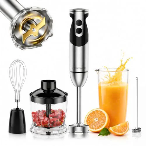 Fine 5-in-1 Hand Blender Powerful Immersion Stick Blender with Titanium Reinforced Blades 12-Speed Control Includes Chopper Beaker Whisk Frother for Smoothies Baby Food High-Quality