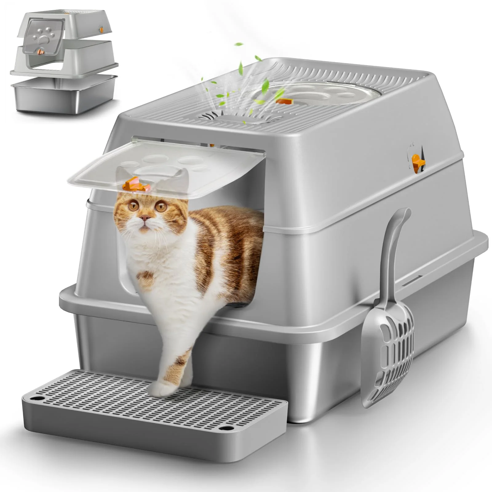 Minimalist Eosarcu XL Stainless Steel Cat Litter Box with Lid – Enclosed High Sided Odor Control Pure