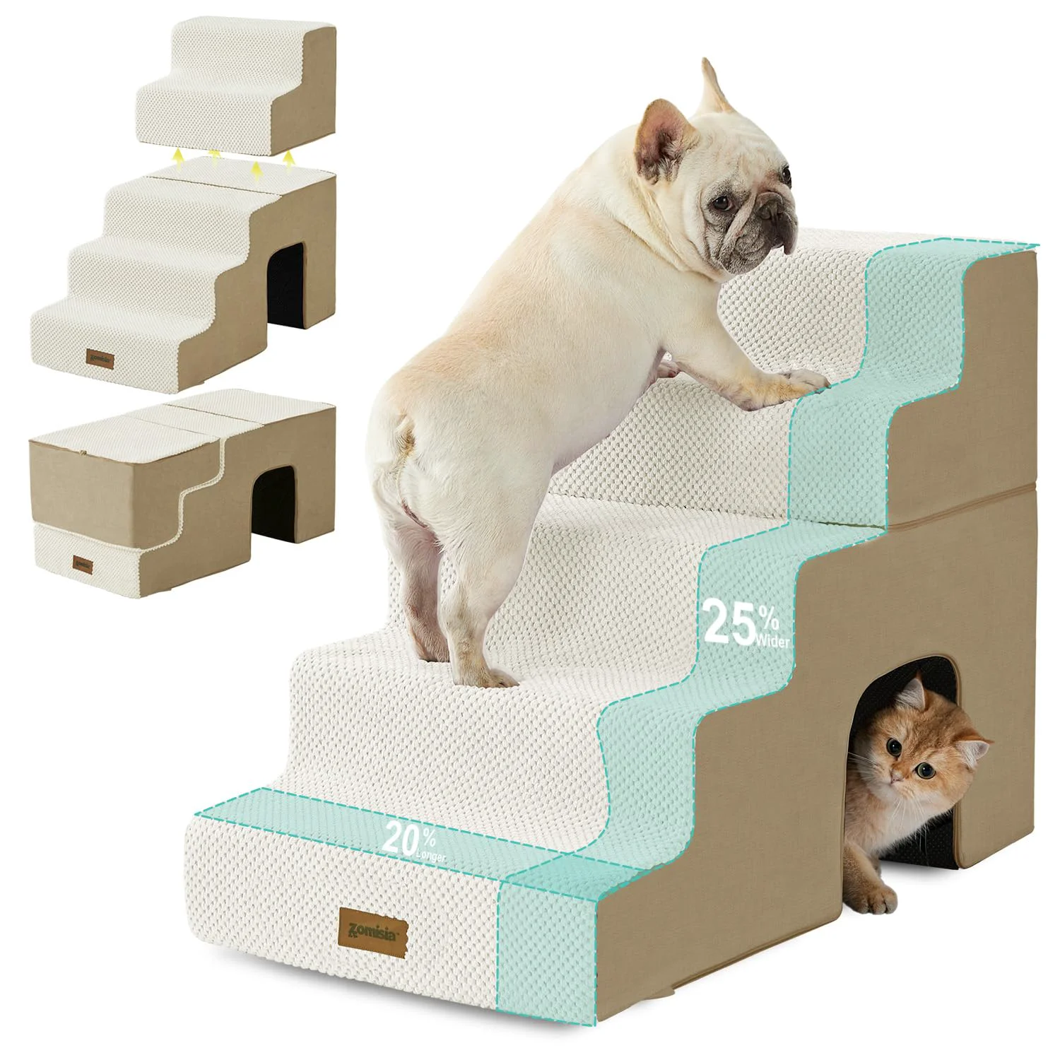 Trusted ZOMISIA 5-Step Dog Steps for High Beds with Tunnel – 23.8-inch 2-in-1 Zippers Beige Pure