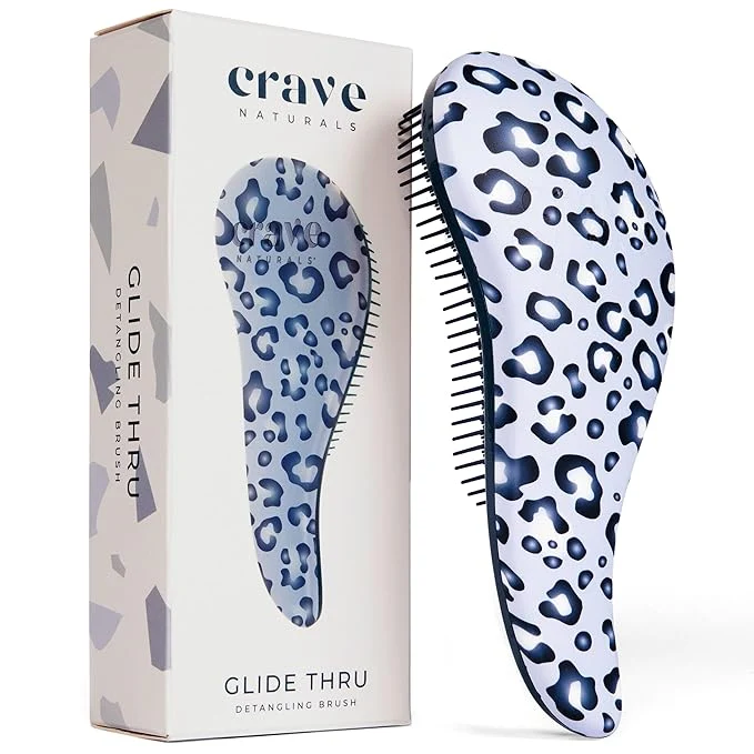 Easy-to-Use Crave Naturals Glide Thru Detangler Brush – Curly Hair Brush for Women and Kids – Wet and Dry Comb for Adults – Soft Flexible Bristles for Gentle Use – Styling Tool for Curls – Blue Cheetah Safe