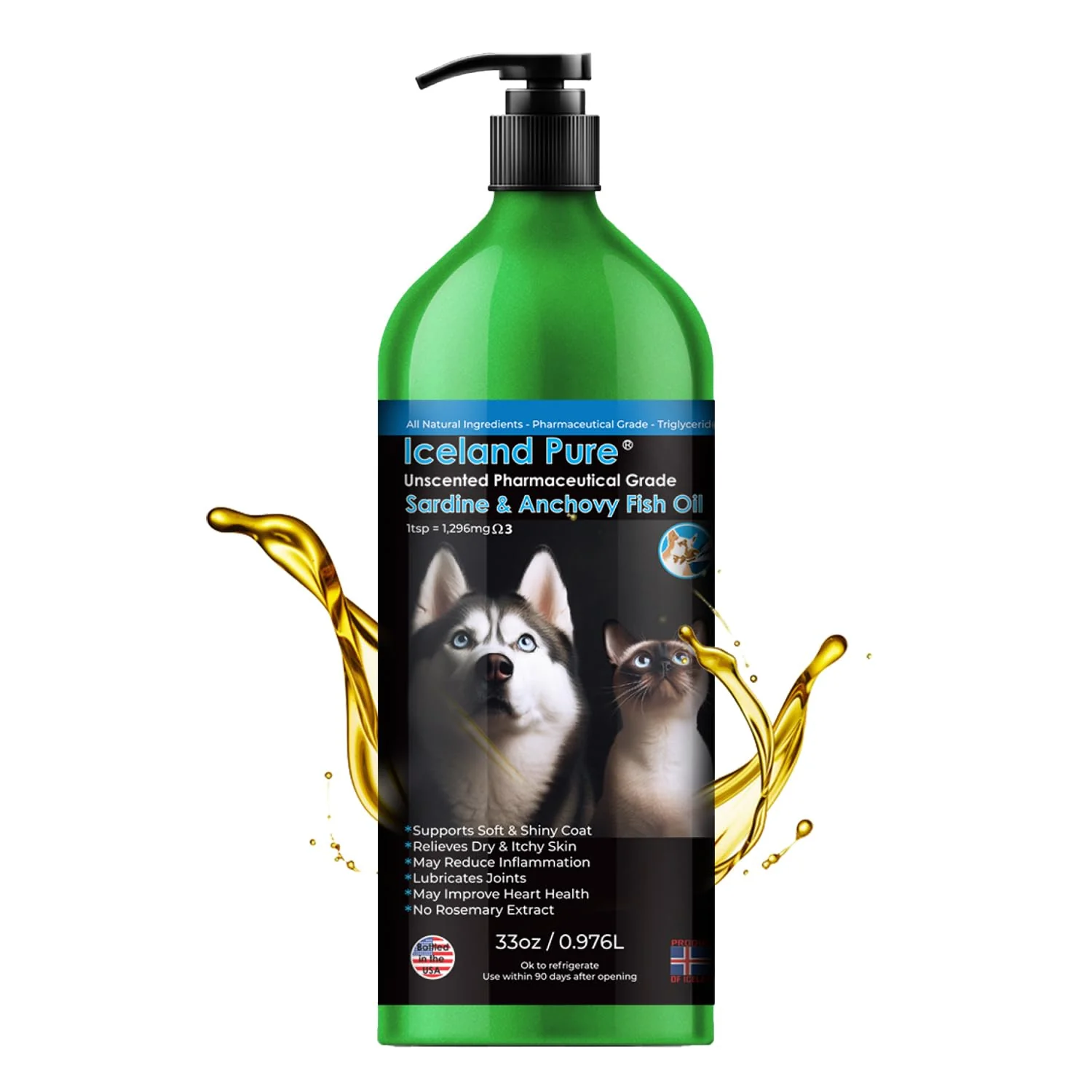 Smart Iceland Pure Sardine Anchovy Oil for Dogs Cats – 1296mg Omega Unscented 33 oz Pump Bottle Premium Material