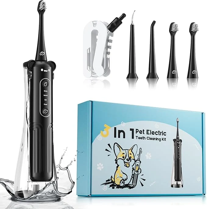 Responsible Dog Tooth Brushing Kit 3-in-1 Dog Electric Toothbrush with Water Flosser Dog Teeth Cleaning Tools with 3 Modes Deep Cleaning Kit for Dogs and Cats IPX7 1100mAh Battery Black Long-Lasting