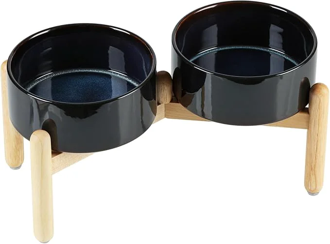 Reusable Ceramic 7.3inch Raised Double Bowls Set with Wooden Stand Food Wate Consistent