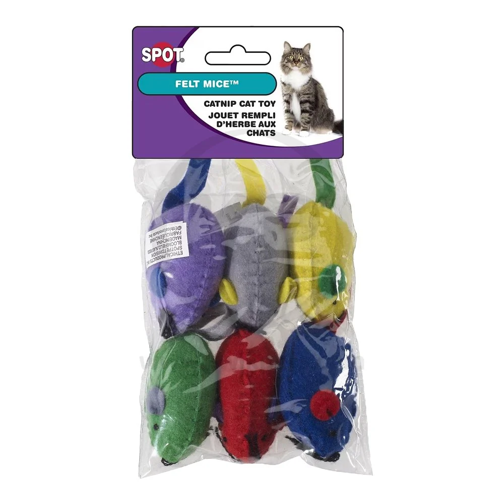 Authentic Spot Felt Mice Cat Toy with Catnip Assorted 6 Count 6-in Prestigious