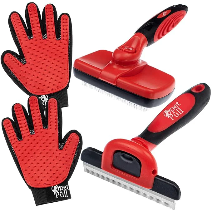 Premium Complete Professional Pet Grooming Kit Self Cleaning Slicker Brush for Dogs Cats – Pro Grooming Brushes Effectively Reduces Shedding Fur Hair Remover Brush Gloves – Combo Gift Set Official