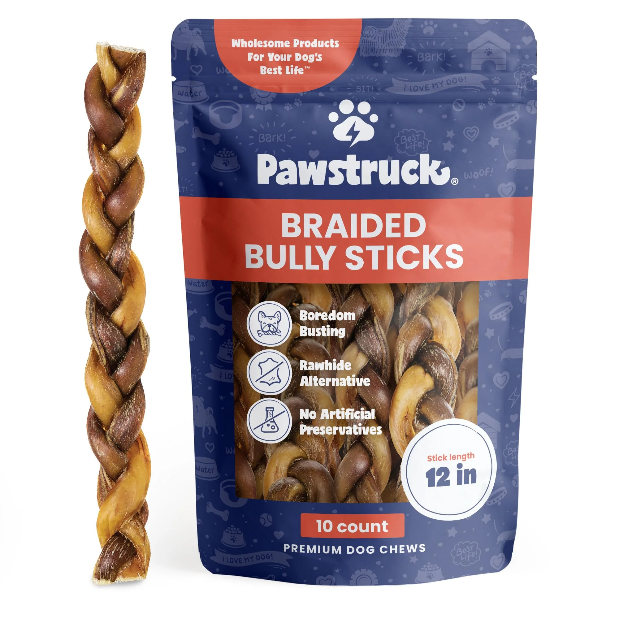 Easy-to-Use Pawstruck Natural 12 Braided Bully Sticks for Dogs – Rawhide- Long-Lasting Single-Ingredient Chew 10 Count