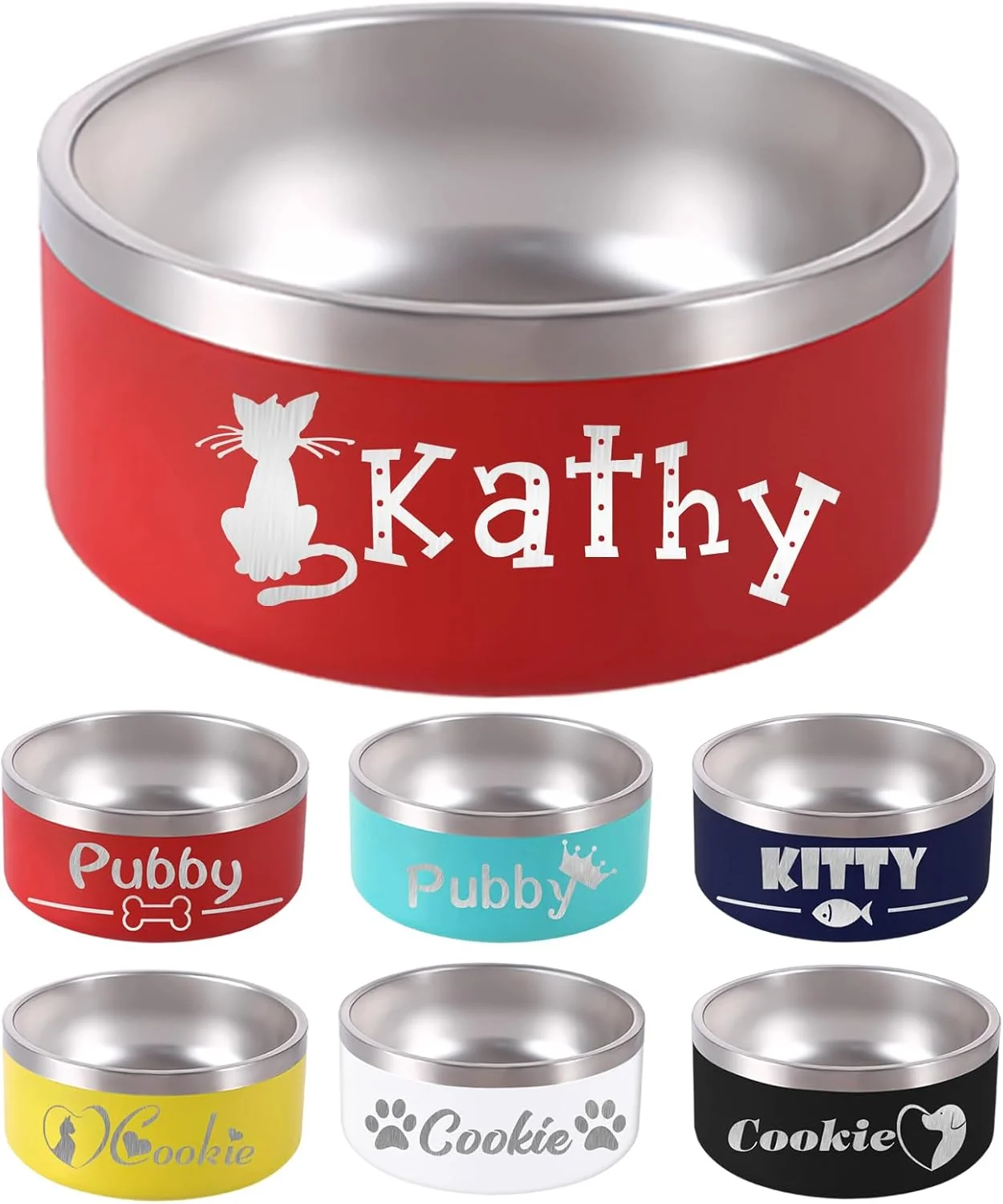 Prestigious 64OZ Personalized Dog Bowl Laser Engraved Custom Pet Name 18 32 42 64 oz No Slip Stainless Steel Insulated Bite-Resistant Food Water Dishes-Red Genuine
