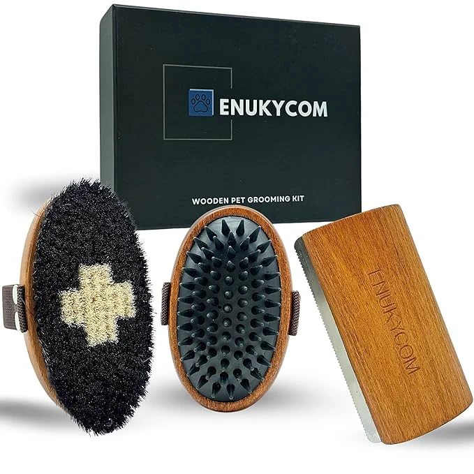 User-Friendly Wooden Pet Grooming Kit for Short-Haired Double-Coated Dogs Cats Horses- Includes Bristle Brush Massage Brushes Deshedding Tools -Dog Brush for Shedding – Deshedding Comb – Idea Gift Premium Material
