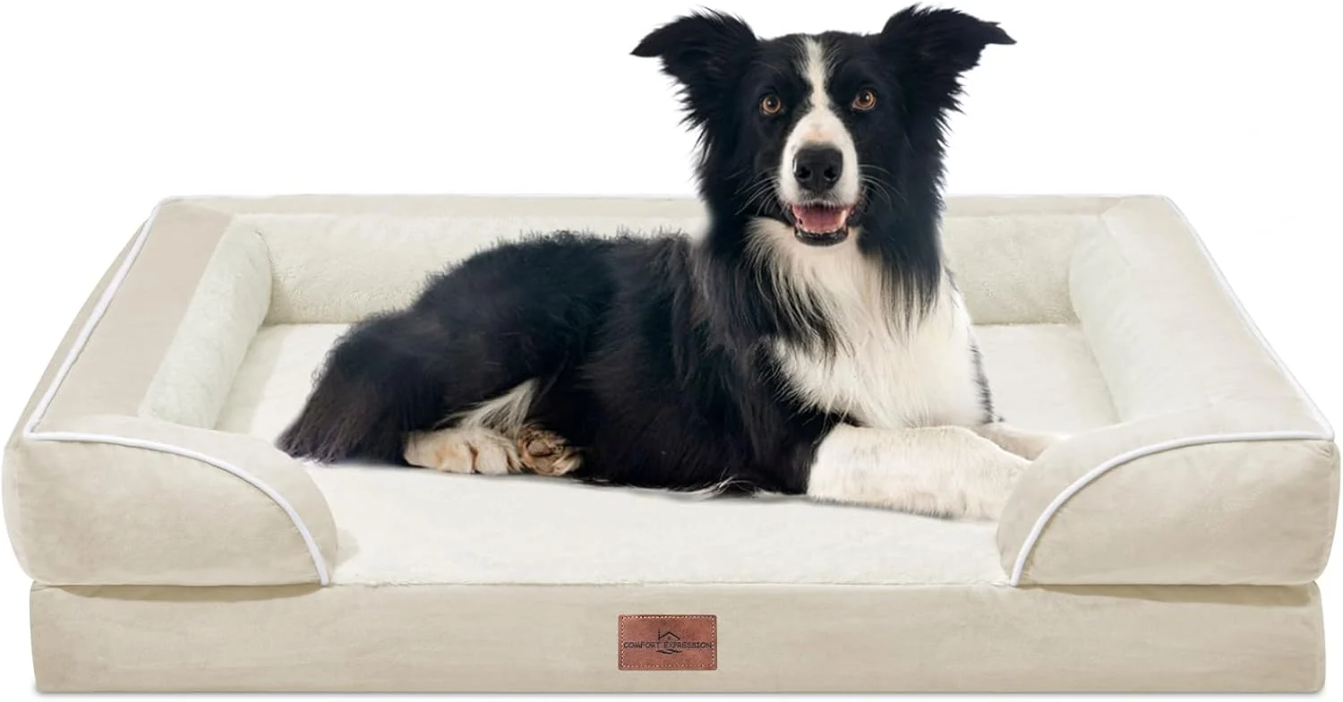 Pure Comfort Expression Waterproof Dog Beds for Large Breed Dogs Large Dog Beds Orthopedic Foam Comfy Pet Bed Sofa with Washable Removable Cover Non-Slip Bottom Beige User-Friendly