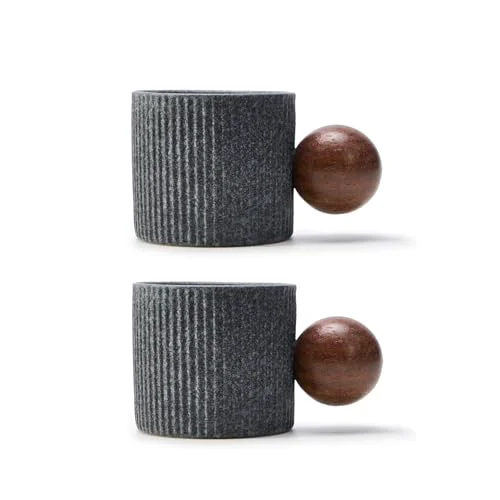 Crafted Ceramic Mini Espresso Cups Demitasse Cups with Round Wooden Handle Vertical Stripes Tea Cups 2 Count Consistent