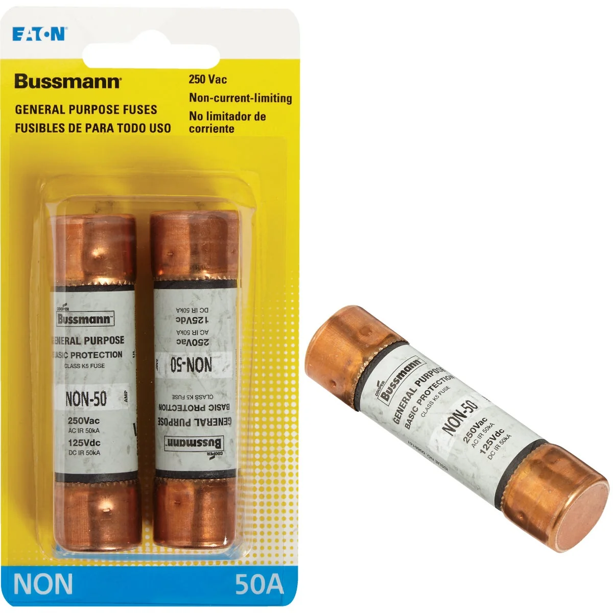 Natural Bussmann 50A NON Cartridge General Purpose Cartridge Fuse 2-Pack Functional