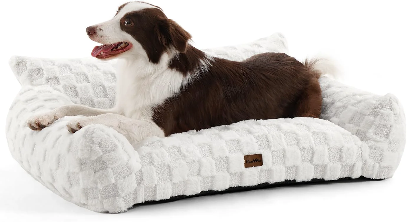 Casual Made4Pets Dog Couch Bed Soft Faux Fur Checkered Pet Sofa Comfortable Fluffy Dog Sofa with Supportive Foam Removable Washable Cover with Non-Slip Base White Large Elegant