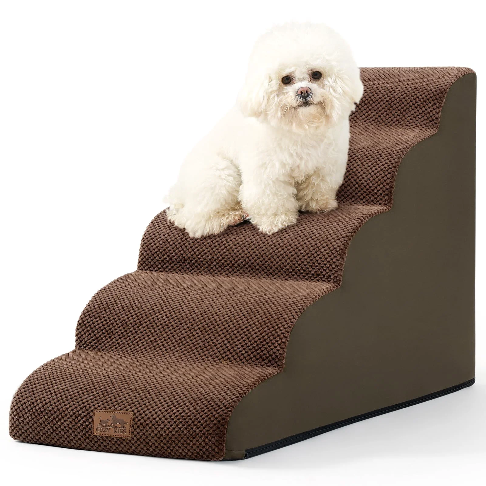 Healthy COZY KISS 5-Step Dog Stairs for High Beds 22.6-in Height — Curved Foam Ramp Lightweight Durable Natural