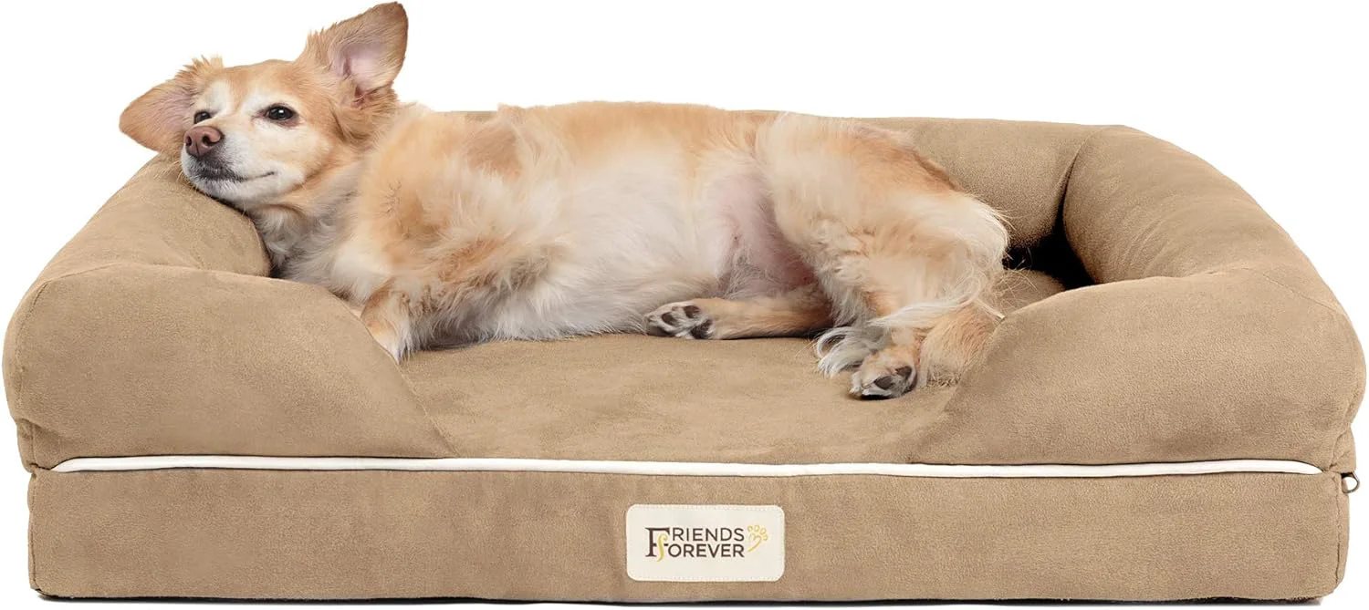 Practical Friends Small Dog Bed Orthopedic Sofa Memory Foam Mattress Calming Couch Wall Rim Pillow Water Resistant Liner Washable Cover Non-Slip Bottom Chester Small Khaki Beige Innovative