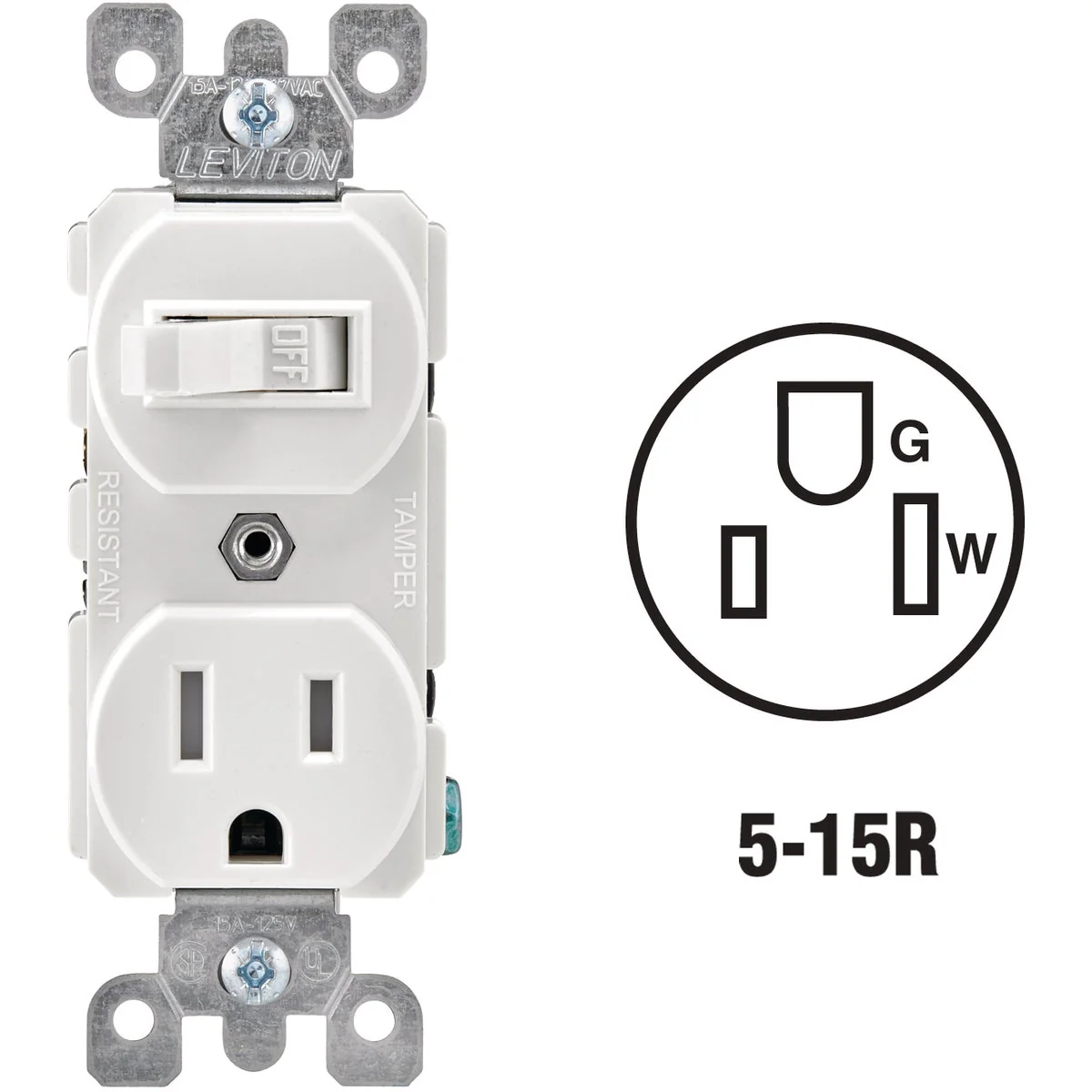 Green Leviton White 15A Commercial Grade Switch Outlet Secure