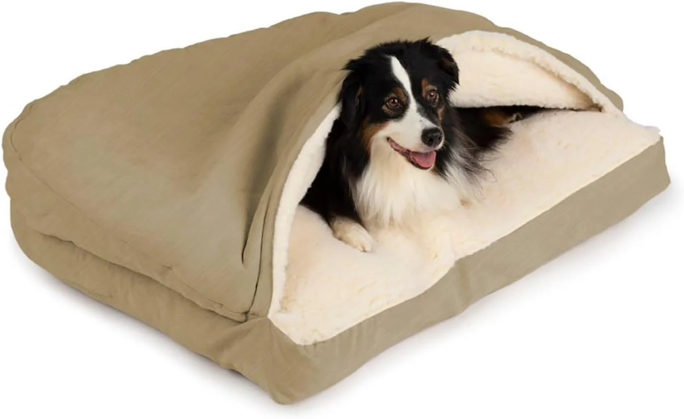Expertly Made Snoozer Rectangle Cozy Cave Dog Bed – Indoor Dog Bed with Cover Cave Covered Calming Burrow for Small Medium Sized Pets with Blanket Attached Enclosed Washable – Medium Khaki Convenient