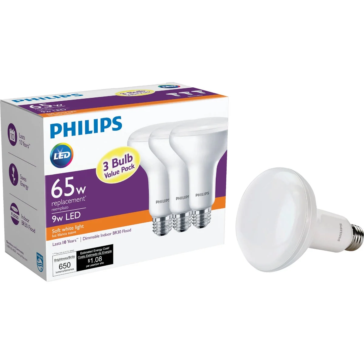 Convenient Philips 65W Equivalent Soft White BR30 Medium Dimmable LED Floodlight Light Bulb 3-Pack Dependable