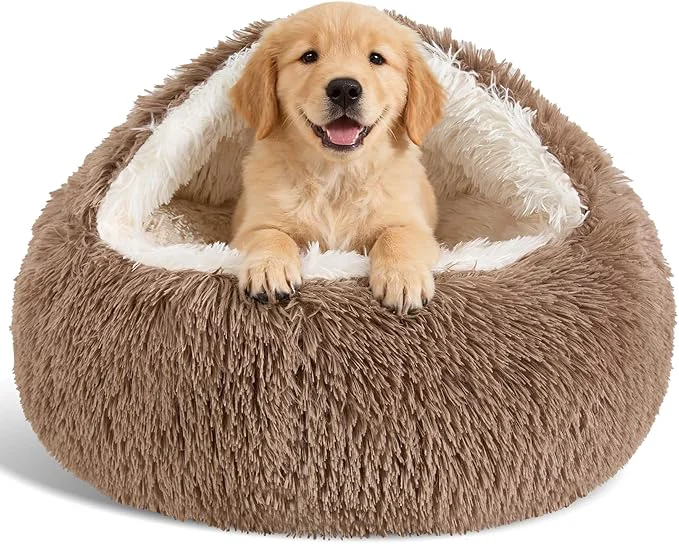 Enhanced Calming Dog Beds Cat Cave Bed with Hooded Cover Removable Washable Round Beds for Small Medium Pets Anti-Slip Faux Fur Fluffy Coved Bed for Improved Sleep Fits up to 15 25 lbs Khaki M About ThisOverview Solid