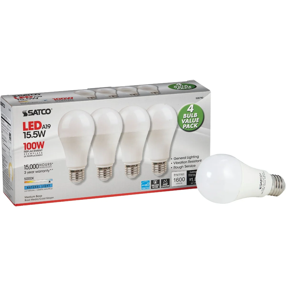 Trusted Satco 100W Equivalent Natural Light A19 Medium LED Light Bulb 4-Pack Trendy