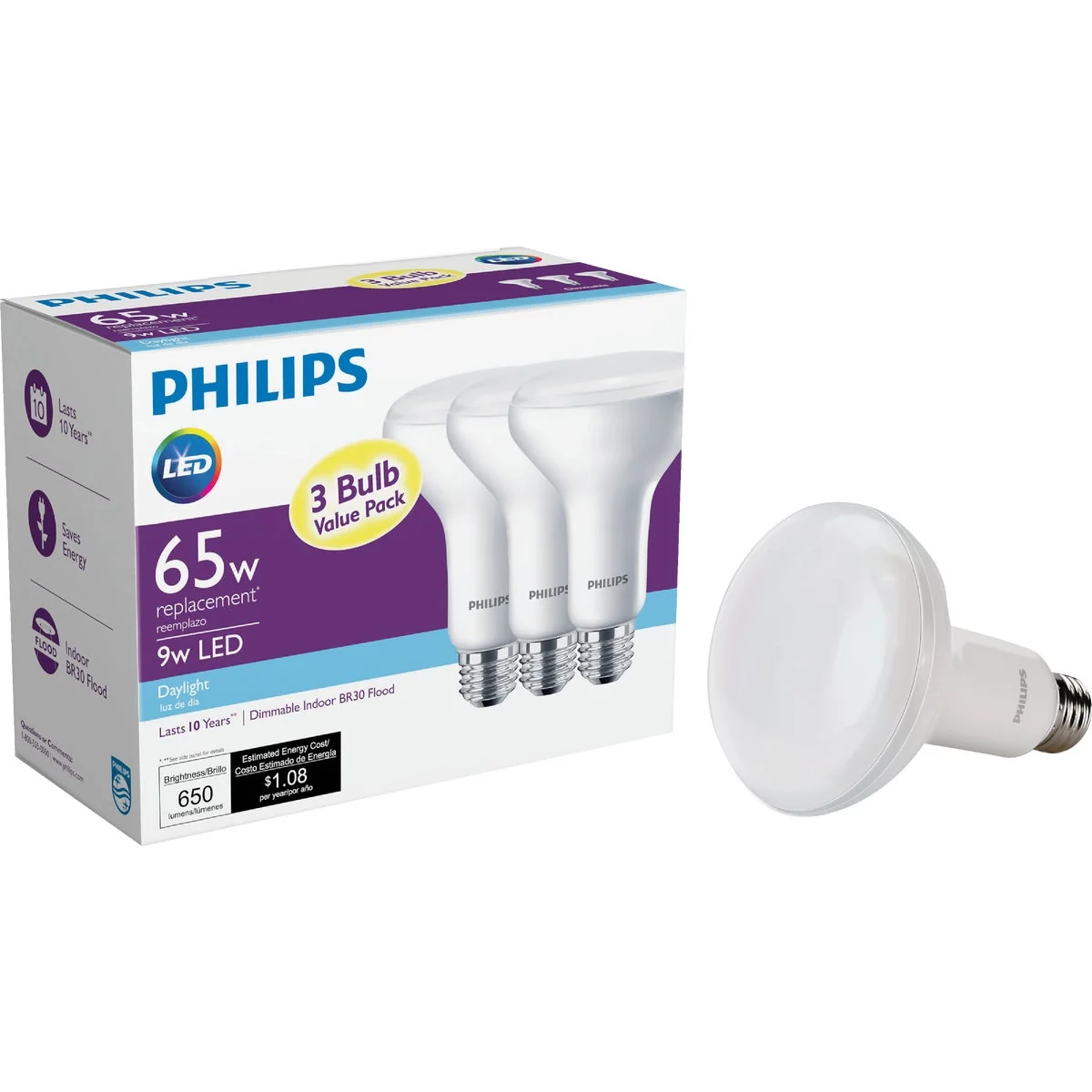 Outstanding Philips 65W Equivalent Daylight BR30 Medium Dimmable LED Floodlight Light Bulb 3-Pack Versatile