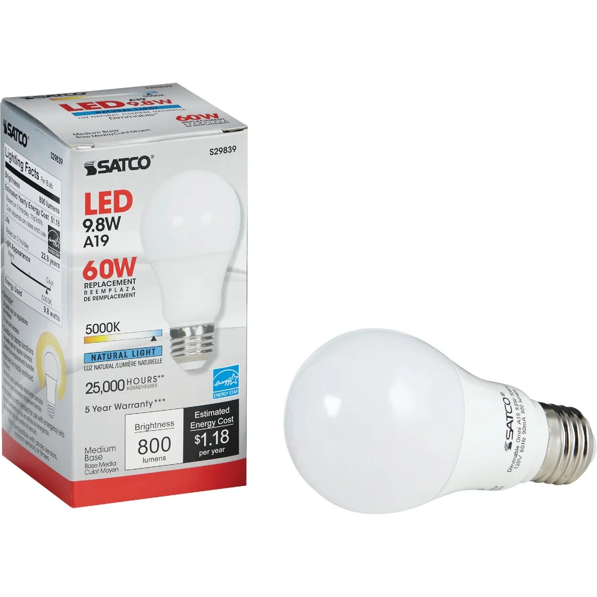 Relaxed Satco 60W Equivalent Natural Light A19 Medium Dimmable LED Light Bulb Contemporary