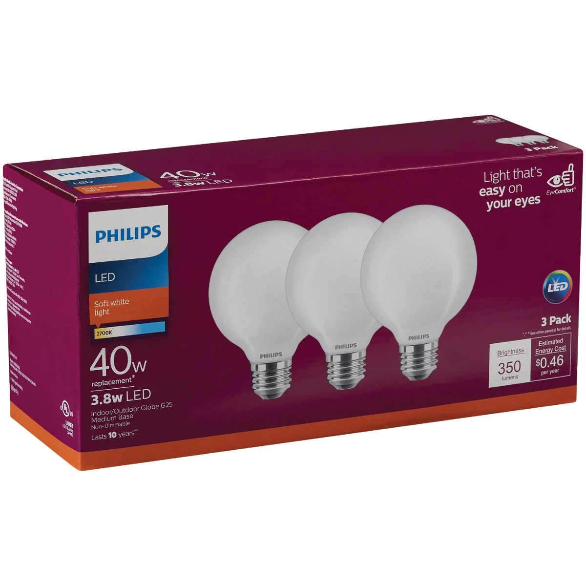 Reusable Philips 40W Equivalent Soft White G25 Medium Frosted LED Decorative Light Bulb 3-Pack World-Class