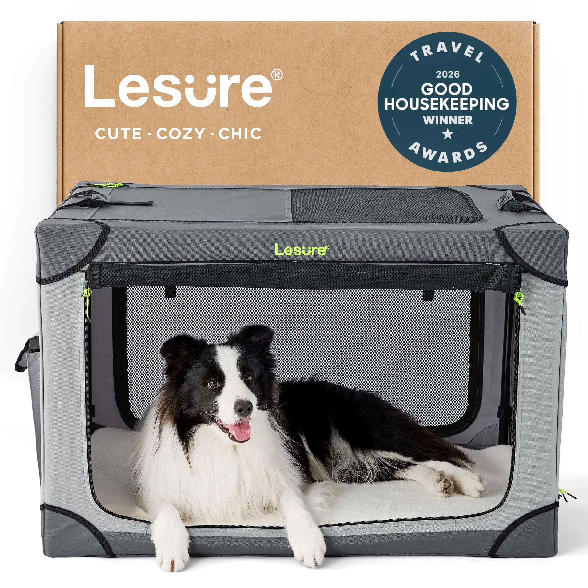 Certified LE SURE Lesure Soft Collapsible Dog Crate 36-Inch – 4-Door Travel Kennel for Large Dogs Grey Smooth