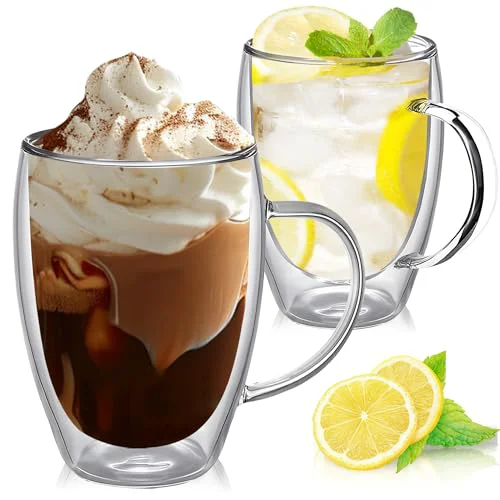 Lightweight 12 Ounces Set of 2 Double Walled Glass Coffee Mugs with Handle Insulated Layer Coffee Cups Borosilicate Glass Espresso Double Insulated Clear Glass Coffee Mug for Hot Beverages 2 Count Durable