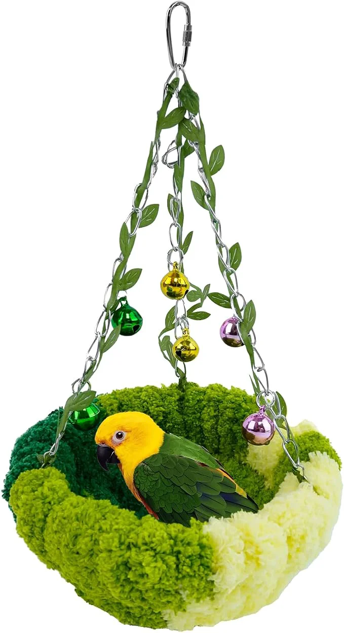 Fine Crafted Bird Nest with Bell for Cage Plush Hanging Bird Bed for Parakeet Indoor Healthy
