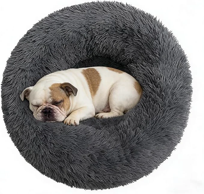 Sustainable Calming Donut Dog Bed Medium Size Dog – Washable Removable Cover Non-Slip Bottom Round Pet Bed Cat Bed Warming Fluffy Plush Faux Fur Anti-Anxiety Fits up to 45 lbs Dark Grey 30 About ThisOverview Lightweight
