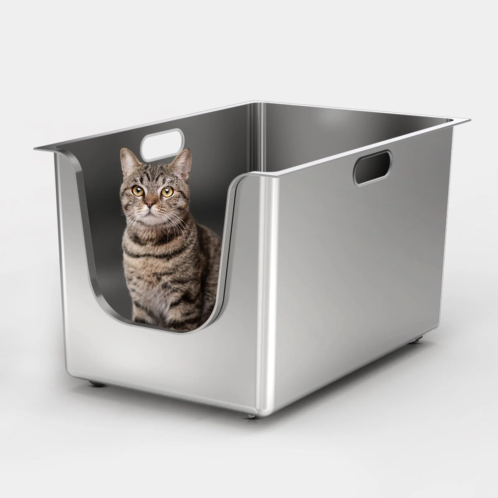 Contemporary PTFFF Stainless Steel Litter Box — 11.8in High Sides XL Size with Open-Top Curved Entry Wheels Exceptional